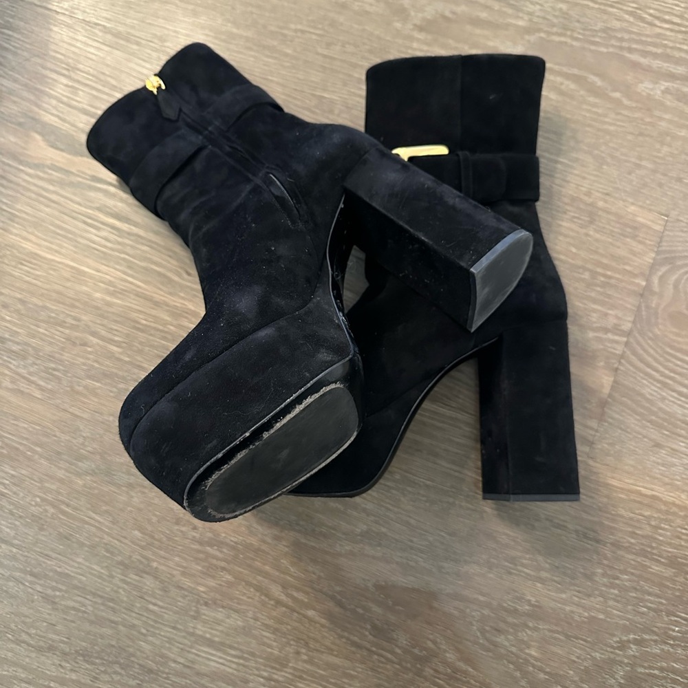 Miu Miu Black Suede Heeled Boots with Gold Buckle - Picture 3 of 3